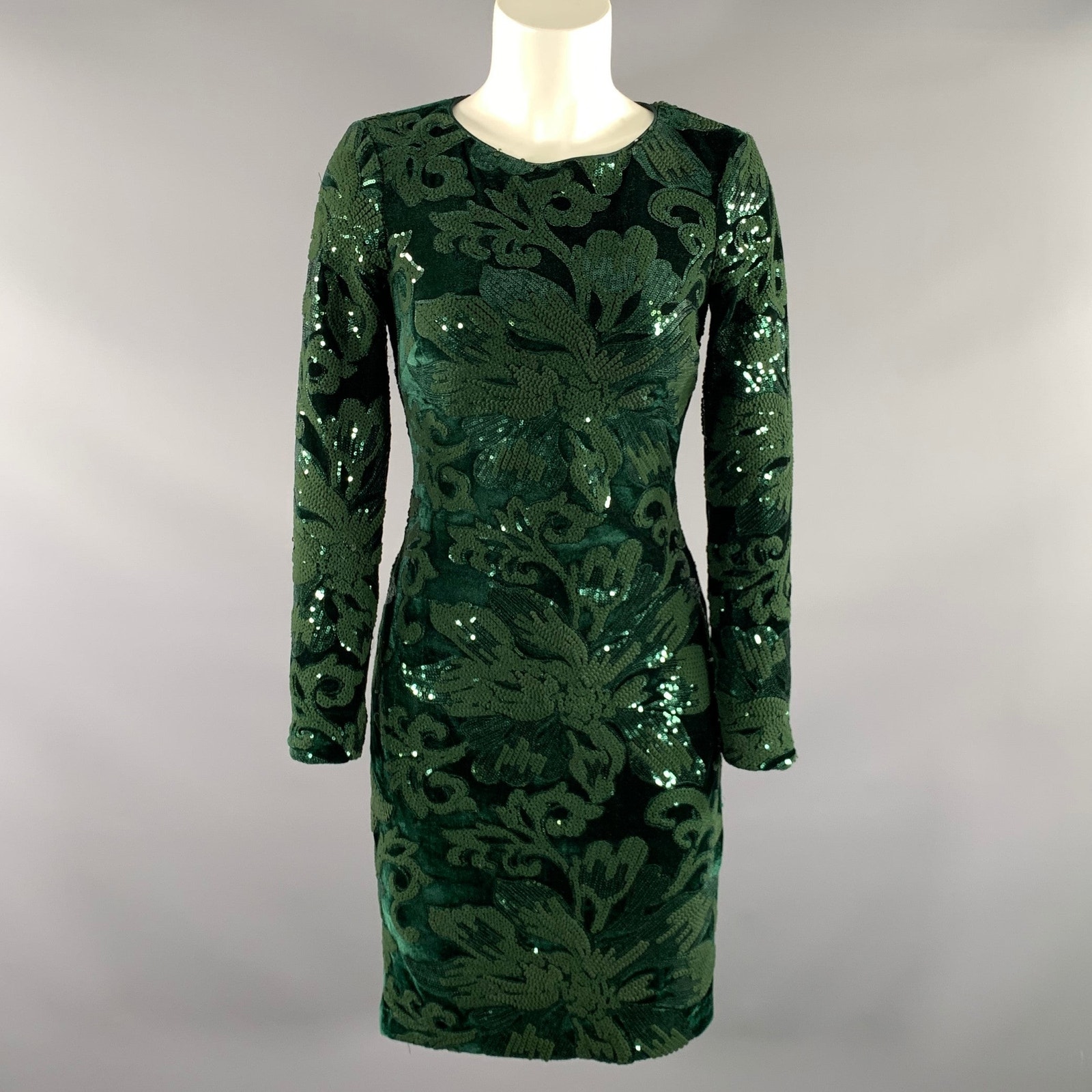 Badgley Mischka Size 0 Green Polyester Floral Knee Length Cocktail Dress